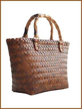 Handwoven Waterproof Beach Tote Bag Bamboo Handle Large Capacity Pool Travel